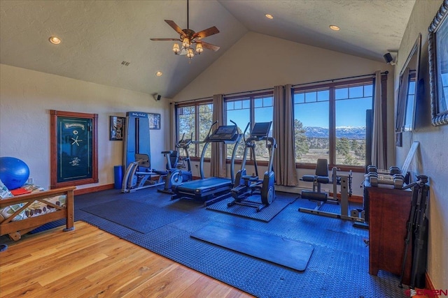 exercise area with ceiling fan, wood-type flooring, vaulted ceiling, and a textured ceiling