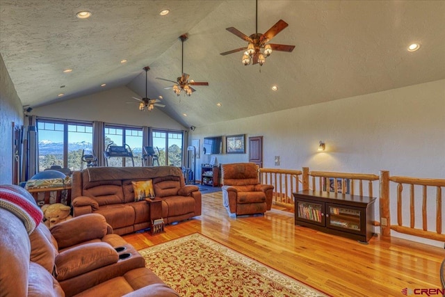 living room with lofted ceiling, a textured ceiling, and light hardwood / wood-style flooring