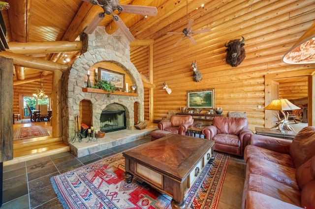 living room with high vaulted ceiling, wood ceiling, rustic walls, and a stone fireplace