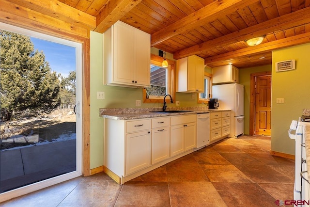 kitchen with pendant lighting, sink, white cabinets, white appliances, and beamed ceiling