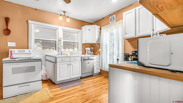 kitchen with dishwasher, white cabinetry, white range with electric stovetop, ceiling fan, and light hardwood / wood-style flooring