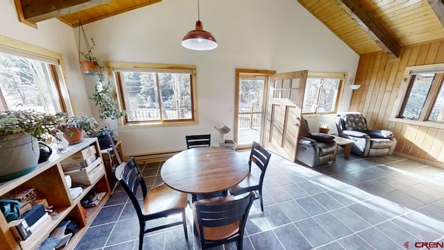 tiled dining space featuring beamed ceiling, wood ceiling, and wooden walls