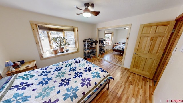 bedroom featuring ceiling fan, a closet, and light hardwood / wood-style floors