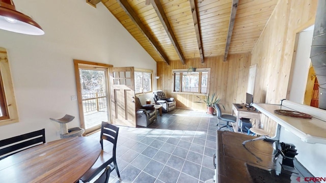 tiled dining room with high vaulted ceiling, wood ceiling, wood walls, and beam ceiling