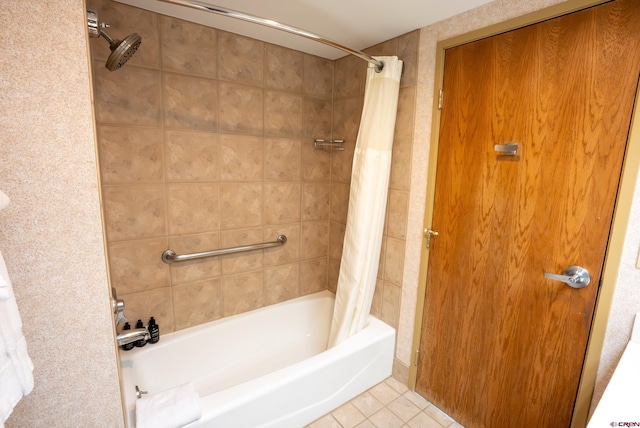 bathroom with tile patterned flooring and shower / bath combination with curtain