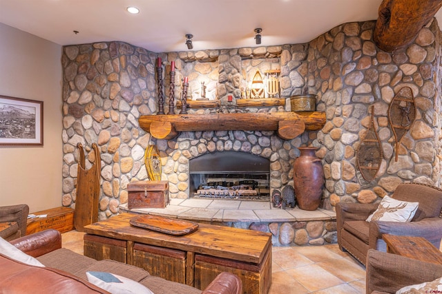 living room featuring a fireplace