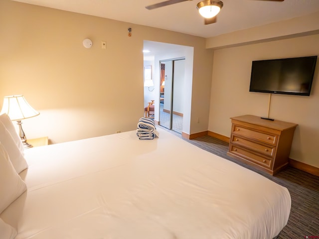 bedroom with ceiling fan and a closet