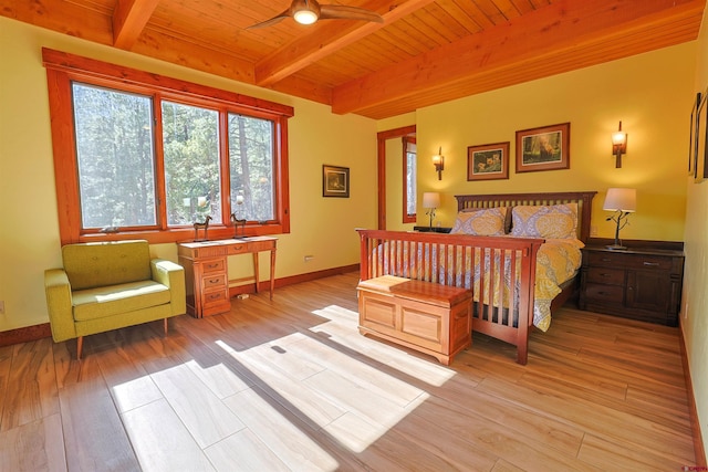 bedroom with beam ceiling, ceiling fan, wood ceiling, and light hardwood / wood-style floors