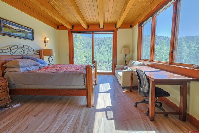 bedroom with beam ceiling, light wood-type flooring, and wooden ceiling