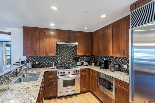 kitchen featuring light stone countertops, stainless steel appliances, tasteful backsplash, sink, and light hardwood / wood-style flooring