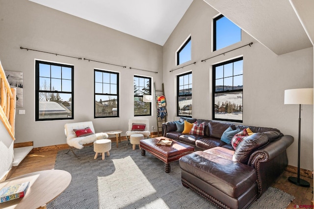 living room featuring high vaulted ceiling and hardwood / wood-style floors