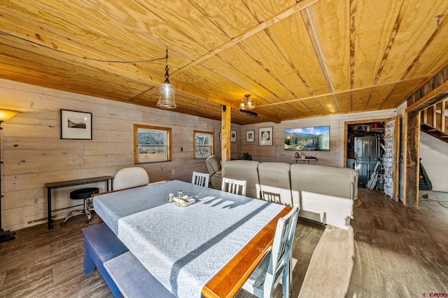 dining space featuring wood walls, dark hardwood / wood-style flooring, and wood ceiling