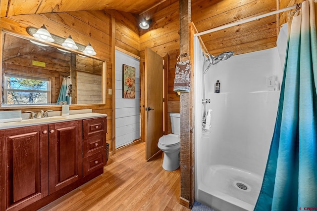 bathroom with a shower with curtain, wood walls, vaulted ceiling, and wood ceiling