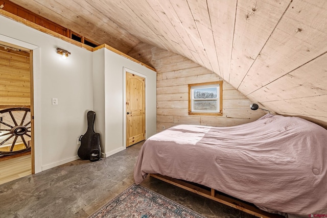 bedroom with wood ceiling, vaulted ceiling, and wood walls