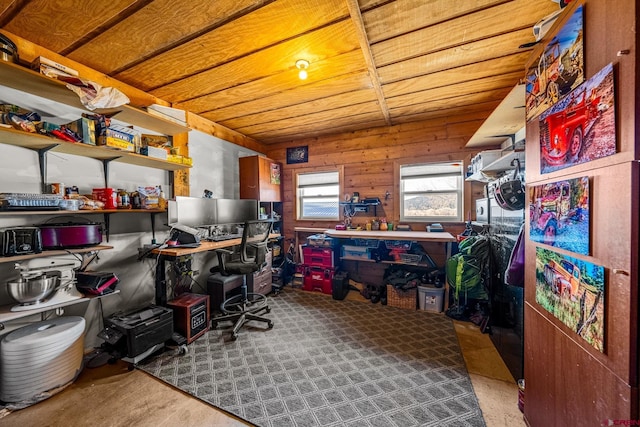 office area featuring wooden walls