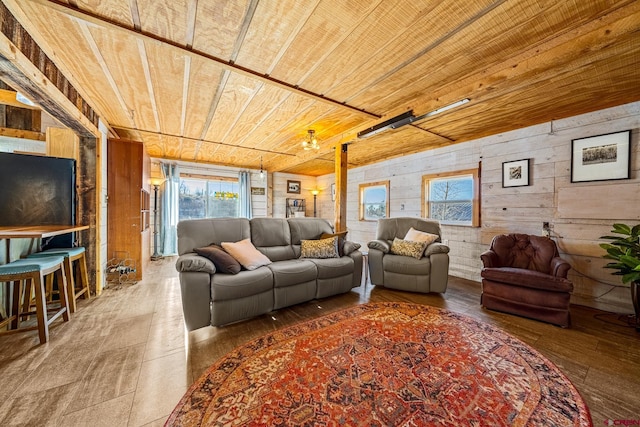 living room featuring wooden walls and wooden ceiling