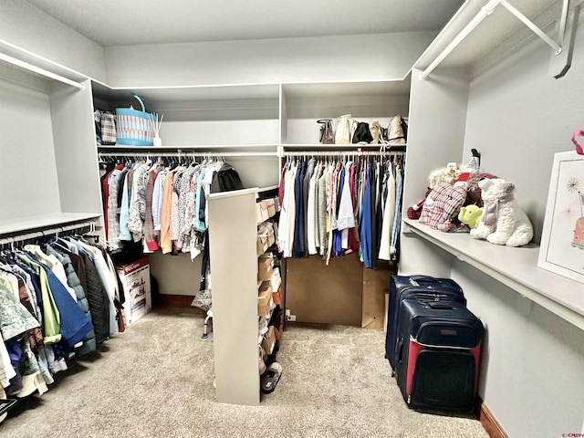 walk in closet with light carpet