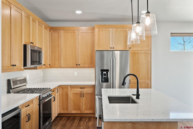 kitchen with light stone countertops, light brown cabinets, stainless steel appliances, wine cooler, and backsplash