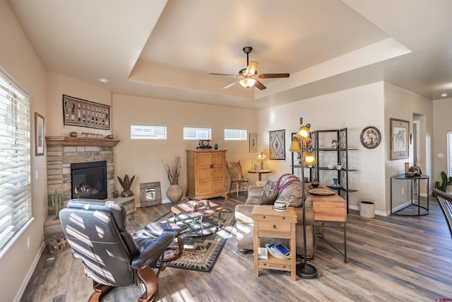 living room featuring a raised ceiling and a wealth of natural light