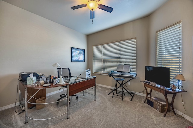 carpeted office with ceiling fan