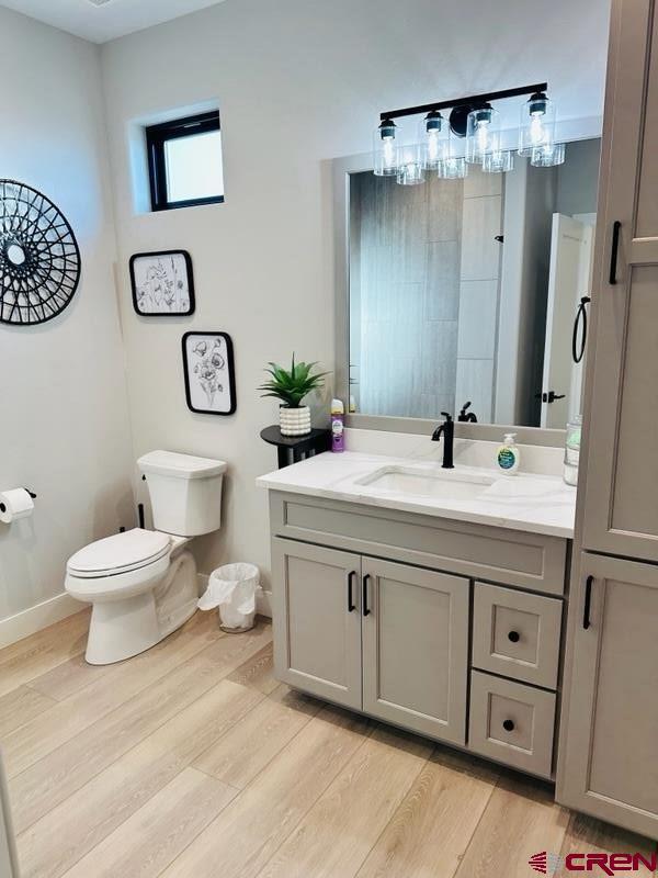 bathroom featuring vanity, toilet, and hardwood / wood-style floors