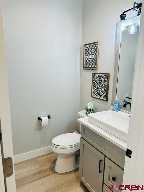 bathroom with hardwood / wood-style flooring, toilet, and vanity