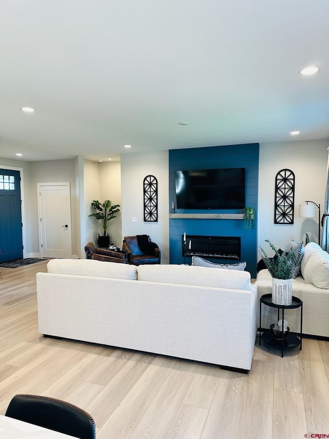 living room with a fireplace and light hardwood / wood-style floors