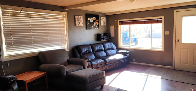 living room with a textured ceiling