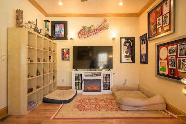 living room featuring wood-type flooring, ornamental molding, and a fireplace