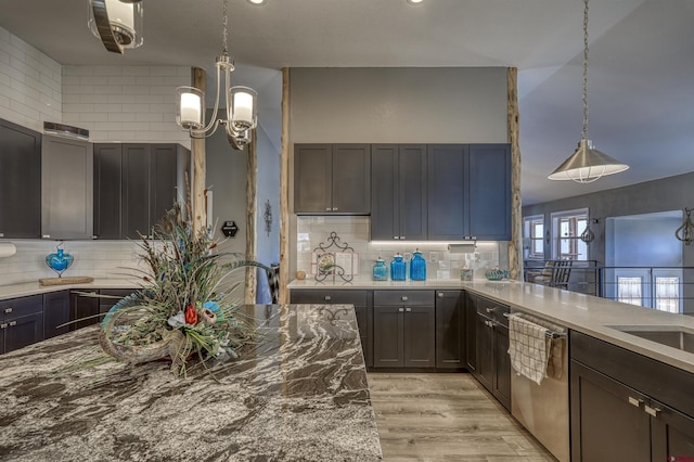 kitchen featuring decorative light fixtures, dishwasher, decorative backsplash, and light wood-type flooring