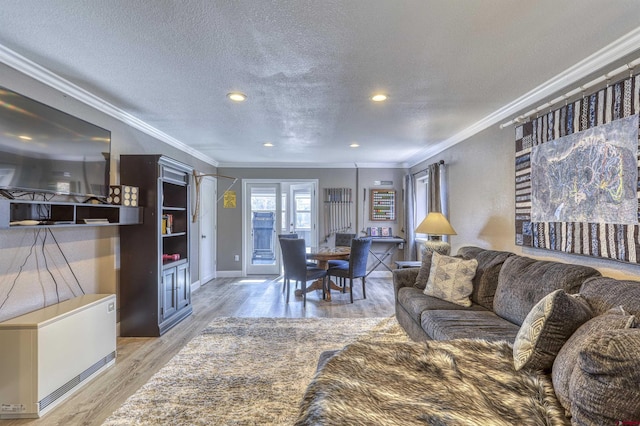 living room with ornamental molding, a textured ceiling, and light wood-type flooring