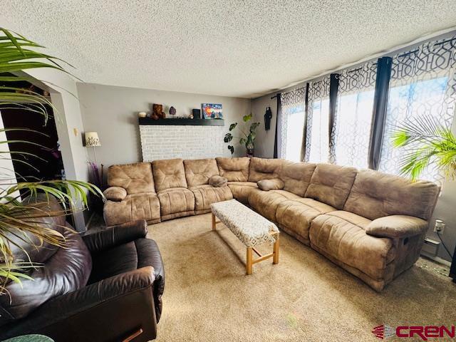 living room featuring carpet floors and a textured ceiling