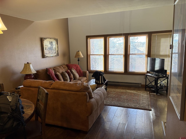 living room with dark hardwood / wood-style floors and baseboard heating