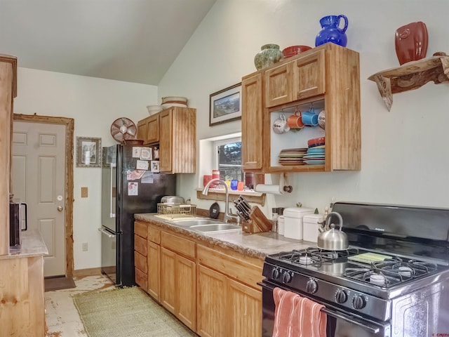 kitchen featuring lofted ceiling, sink, and black appliances