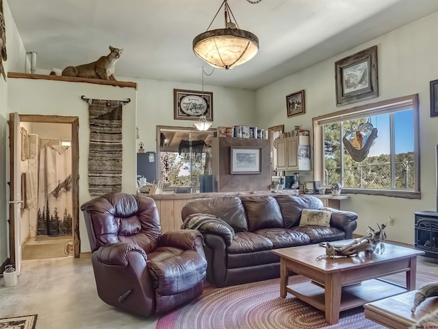 living room featuring a wood stove