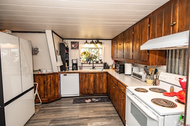 kitchen with sink, dark wood-type flooring, and white appliances