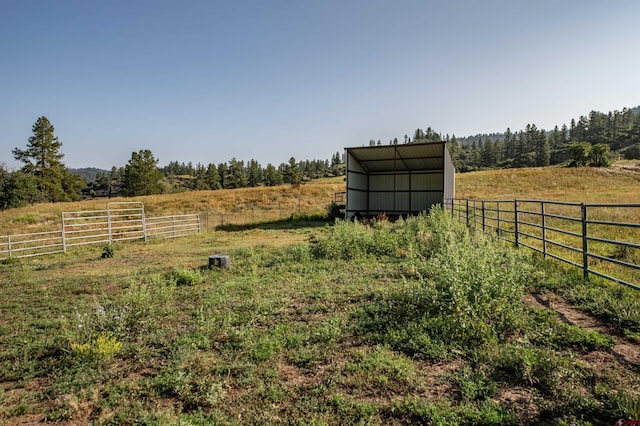 view of yard featuring an outdoor structure and a rural view