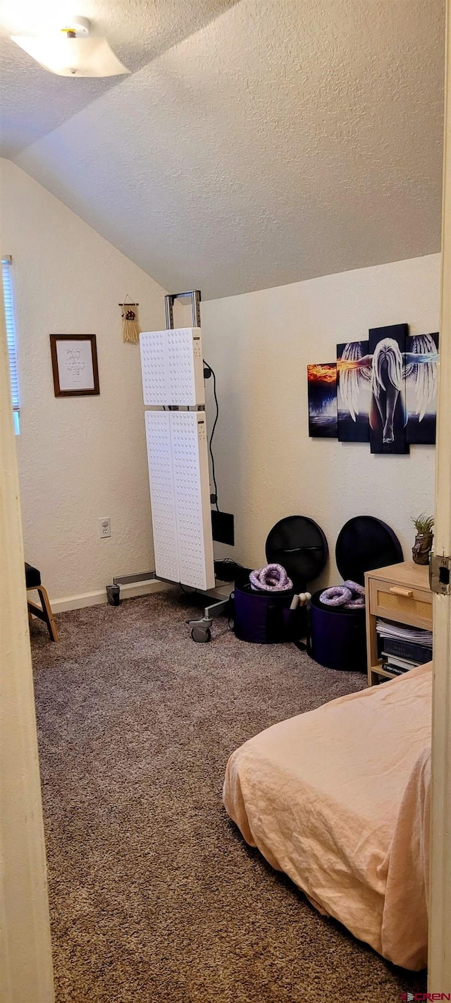 carpeted bedroom with lofted ceiling and a textured ceiling