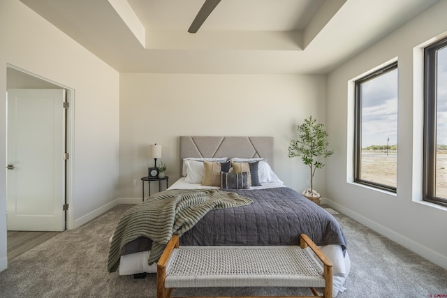 carpeted bedroom with a raised ceiling, ceiling fan, and multiple windows