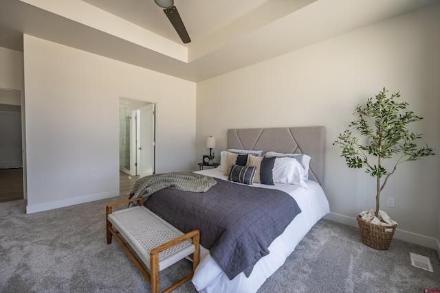 carpeted bedroom featuring lofted ceiling and ceiling fan