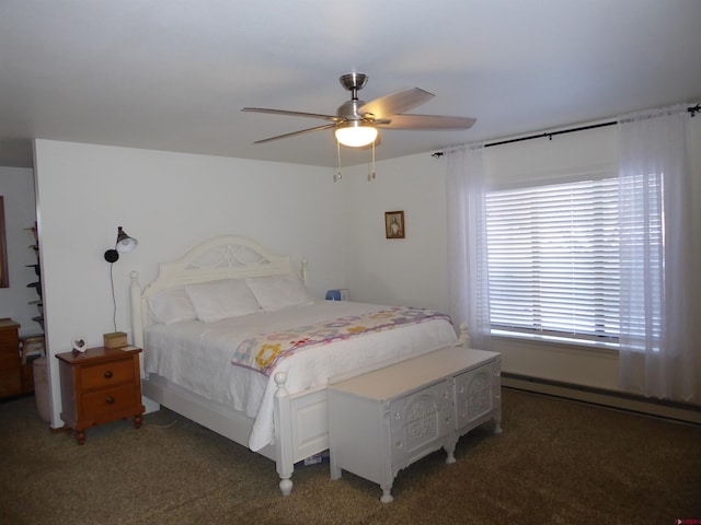 bedroom with ceiling fan, dark carpet, and a baseboard heating unit