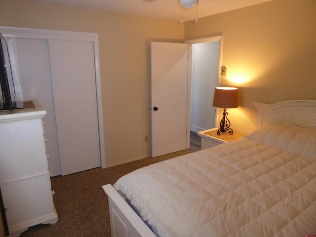 bedroom with a closet, ceiling fan, and carpet