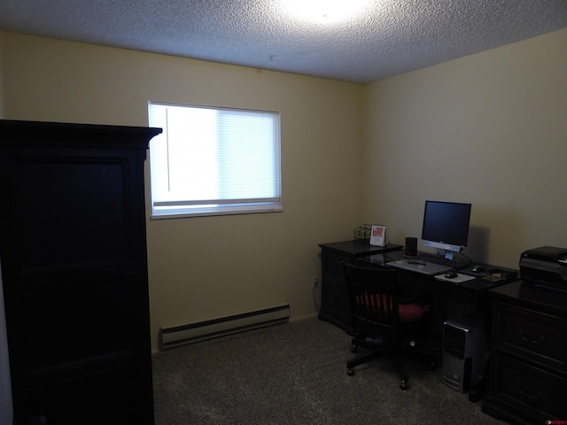 carpeted office featuring a baseboard radiator and a textured ceiling