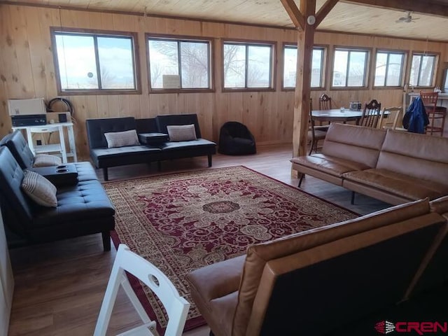 living room with wood-type flooring, plenty of natural light, and wood walls