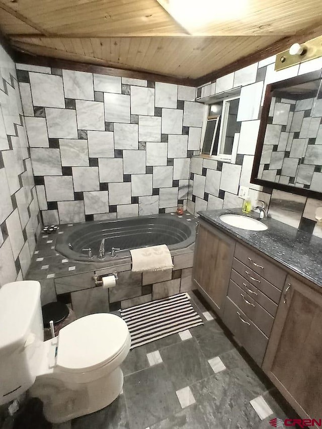 bathroom with toilet, wood ceiling, tile walls, vanity, and tiled tub