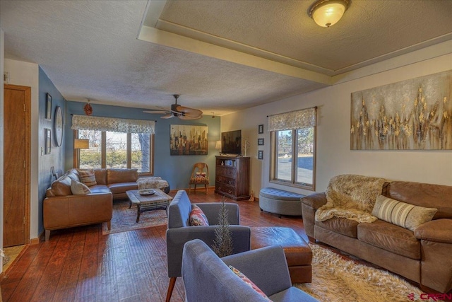 living room with ceiling fan, dark wood-type flooring, a raised ceiling, and a textured ceiling