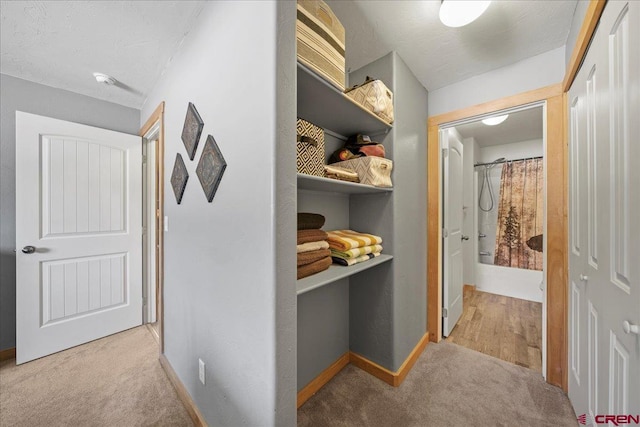 corridor with light colored carpet