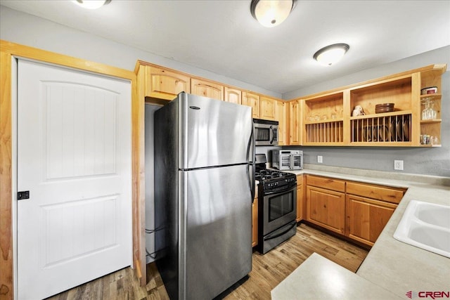 kitchen featuring appliances with stainless steel finishes, sink, and light wood-type flooring