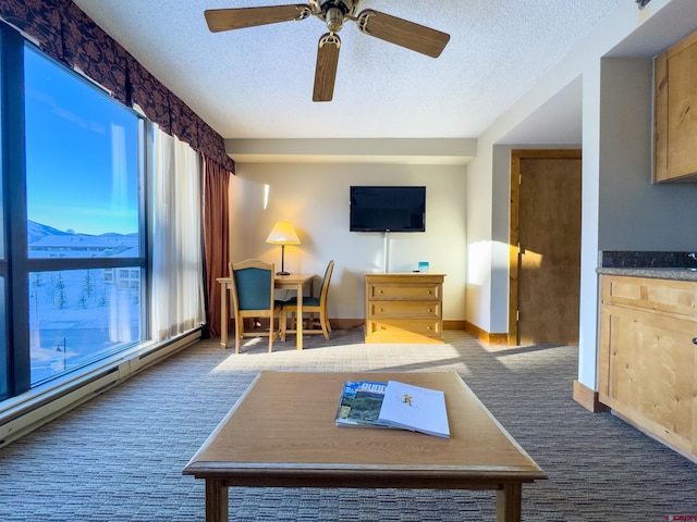 carpeted living room with ceiling fan, a textured ceiling, and baseboard heating