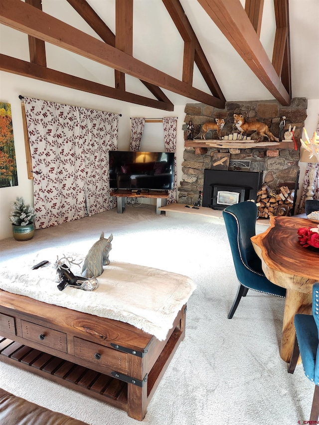 living room with high vaulted ceiling, carpet floors, a fireplace, and beam ceiling